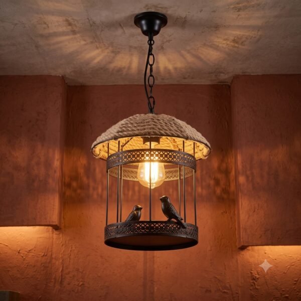 Dartix Vintage Birdcage Hanging Light with Natural Jute Rope (E27 Holder)