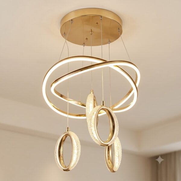 75BCD52A-14A7-4D9A-AF7D-54AF4E5FD355 Solaris Orbit Warm Gold Dual-Ring LED Chandelier with Oval Drops