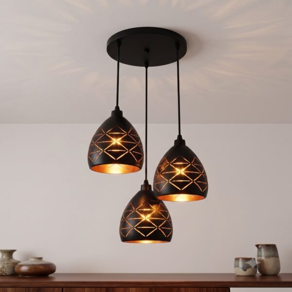 C336DBEA-0FC2-4D54-A44D-F050528D71B1 Modern Black Metal Geometric Cutout 3-in-1 Hanging Light