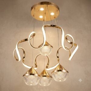 Aurelia Swirl Gold Wave LED Chandelier with Diamond-Cut Glass Pendants
