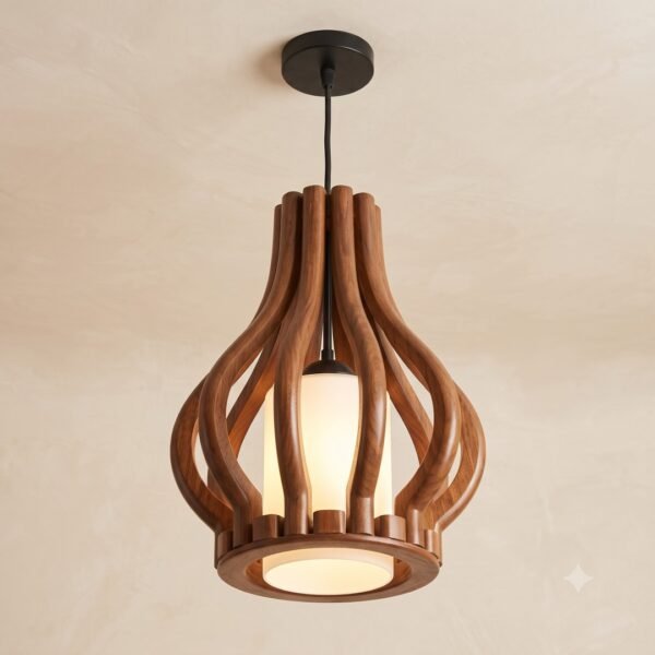 Dartix Natural Wooden Slat Teardrop Pendant Light with E27 Holder