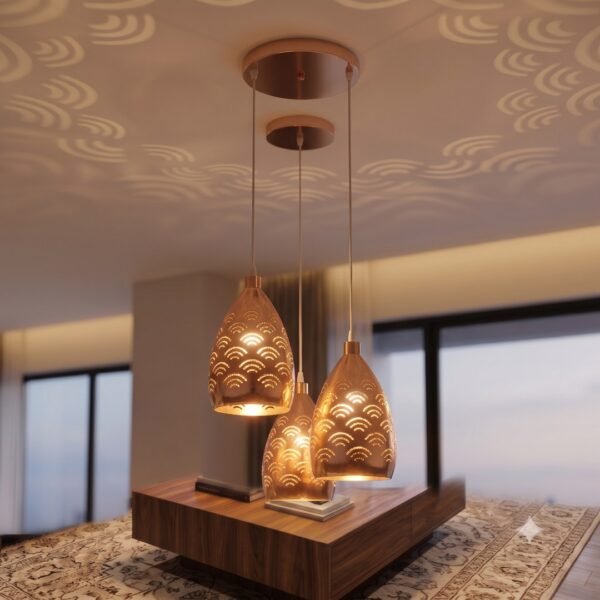 FF5FFD8D-011B-442C-9DC3-6EB27D7997B6 Modern Copper 3-in-1 Arc Wave Pattern Hanging Light