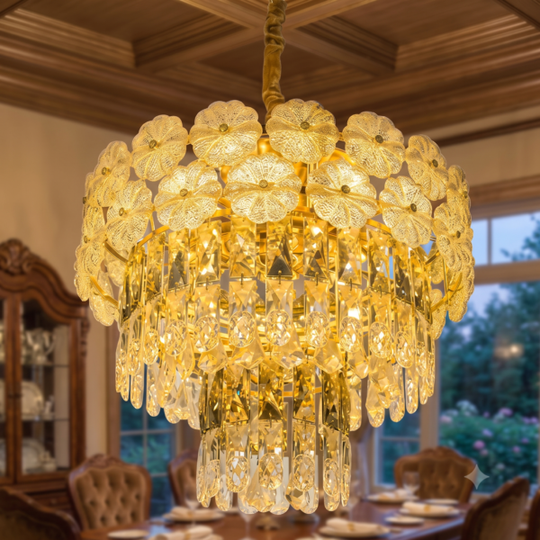 Floral Glass Crown Tiered Crystal Chandelier
