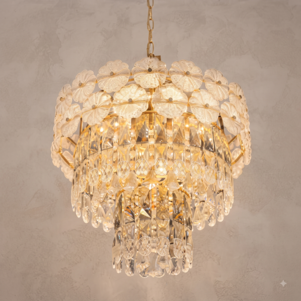 Floral Glass Crown Tiered Crystal Chandelier